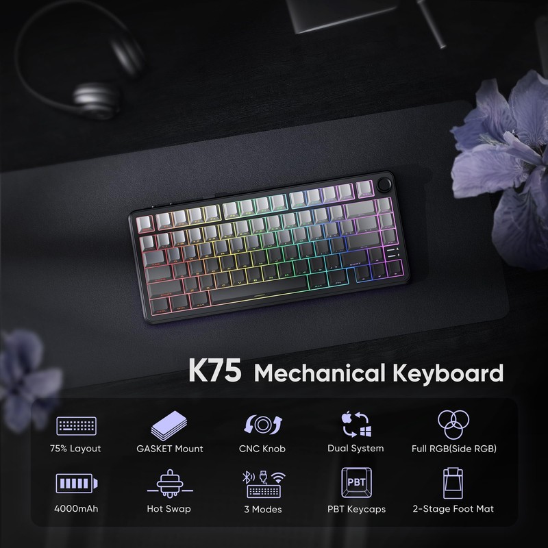 RedThunder K75 Wireless Mechanical Gaming Keyboard, 75% Hot Swappable Creamy