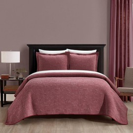 New York & Company Austin 3 Piece Cotton Blend Quilt Set Stone Washed Textured Floral Pattern Bedding - Pillow Shams Included, Queen, Wine