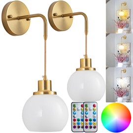 Wall Sconces Set Of Two Battery Operated Sconces With Remote,Rechargeable Wall Sconce Non Hardwired UP To 50 Hours Long Life,Globe Glass Wall Sconce With RGB light Bulb For Bedroom Living Room