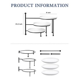 Kanwone 3 Tiered Serving Stand with White Porcelain Plates, Tiered Tray Stand, 8" x 8" Tier Serving Trays with Black Metal Stand for Entertaining, 3 Tier Dessert Stand