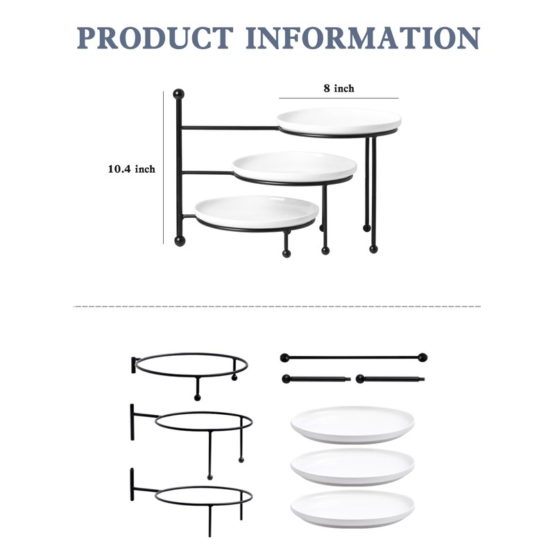 Kanwone 3 Tiered Serving Stand with White Porcelain Plates, Tiered