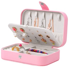 Jewelry Travel Box,Small Jewelry Case,Double Layer PU Leather Travel Jewelry Organizer for Women,Girls for Necklace Earring Rings (Pink)