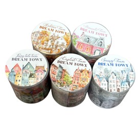 ADOSSY 5 Types Masking Tape Design Clear Transparent Stickers Washi Tape Set Floral Pattern Landscape Collage DIY Album Scrapbook Journal Decoration (A)