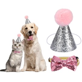 Pet Birthday Hat Dog Cat Party Hats with Bow Tie Sequins Adjustable Headwear Costume for Cats Dogs Pack of 2