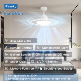 Passky Ceiling Fans with Lights, 52 inch Sleek Ceiling Fan with Light and Remote Control, 3CCT, Dimmable, Reversible, Noiseless, White Ceiling Fan for Bedroom, Living Room