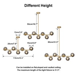 KCO Lighting Mid Century Modern Globe Sputnik Chandelier Gold Brass Linear Pendant Hanging Light Fixture 7-Light Smoke Glass Sphere Chandelier Kitchen Island Dining Room Chandelier