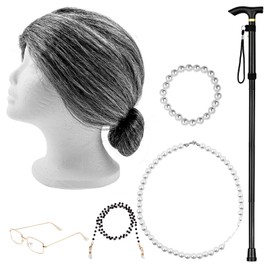 Old Lady Wig Costume Cosplay Set, Grandmother Wig Granny Eyeglass Chain Pearl Bead Necklace for Cosplay Dress Up Party