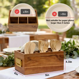 Arflo Acacia Silverware Holder for Party with Handle - Paper Plate Holders for Countertop - Wooden Utensil Caddy for Parties - Kitchen Spoon and Fork Organizer Silverware Caddy for Party Camping