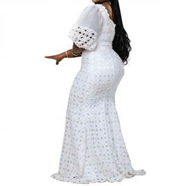 Cololura Elegant Lantern Sleeve Hollow Bodycon Maxi Formal Wedding Party Dress Evening Gown - 3XL A-White