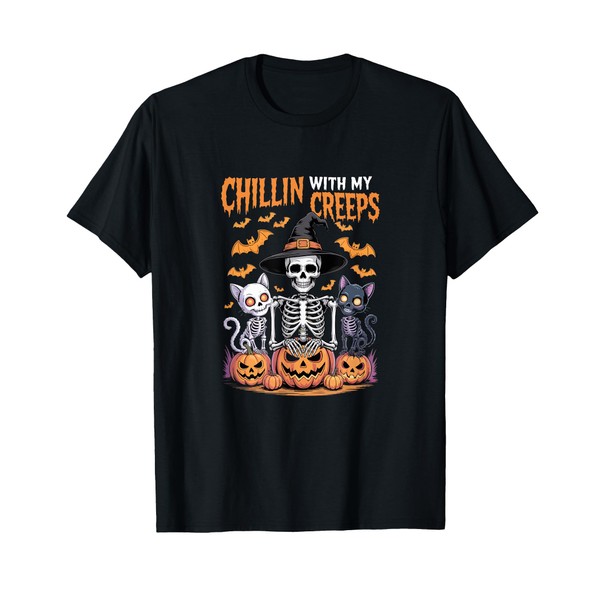 Chillin with My Creeps Halloween Cats Skeleton As Witch T-Shirt