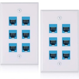 2 Placas de Pared Ethernet de 6 Puertos, Enchufe RJ45 Cat6 Hembra a Hembra Placas Acopladoras en Línea Placas Frontales de Cable Ethernet para Cat5 Cat5e Cat6 (Azul)