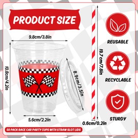 FYSUIMU 50Pcs Race Car Birthday Disposable Plastic Cups with Lids and Straws 12Oz Red Black Checkered Flag Race Track Cold Beverage Drink Cups for Racing Car Party Supplies