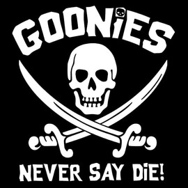 Goonies Never Say Die Skull and Crosbones Decal Vinyl Sticker Makarios LLC |Cars Trucks Vans Walls Laptop MKR| White |5.5 x 5.25 in|MKR199