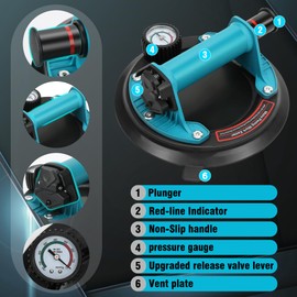 2 Pack Glass Suction Cups with Pressure Gauge, Heavy Duty Industrial Vacuum Suction Cup for Granite Lifting & Window Replacement, 8" Glass Suction Cup 440 lbs Load Capacity with Carrying Case