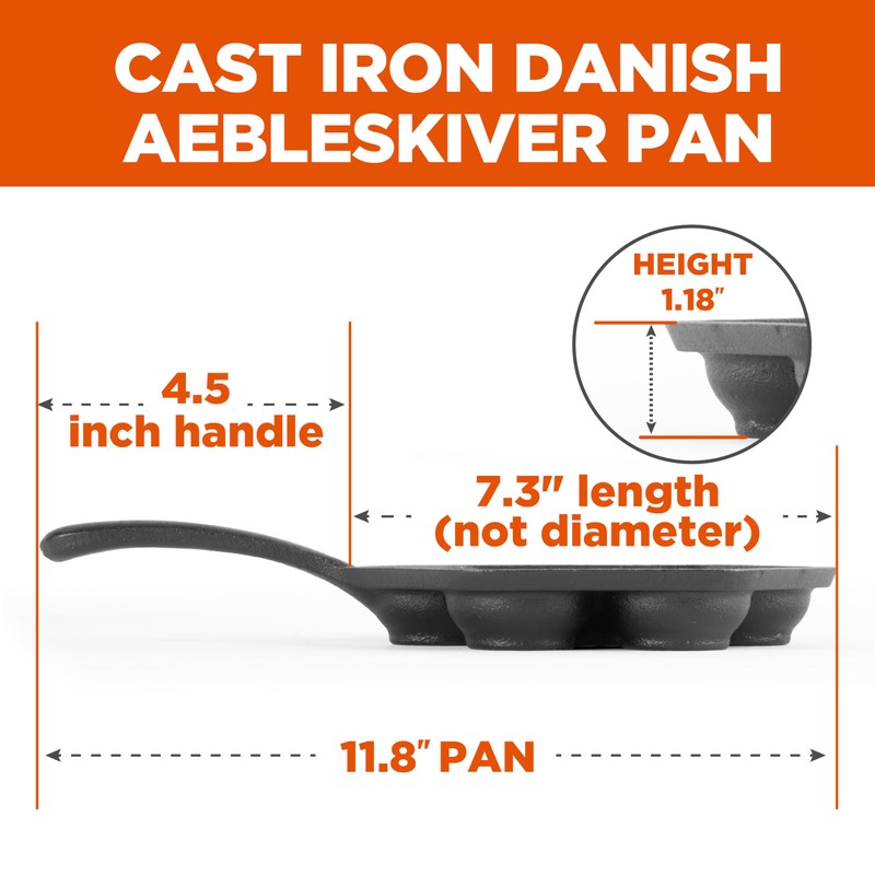 Commercial CHEF Danish Aebleskiver Pan, Pre-Seasoned Cast Iron, Seven Sections