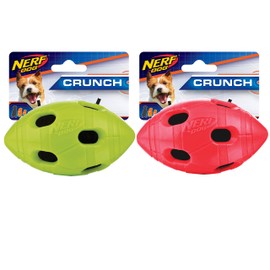 Nerf Dog Bash Football Dog Toy with Interactive Crunch, Lightweight, Durable and Water Resistant, 4 Inches for Medium/Large Breeds, Two Pack, Green and Red