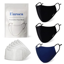 Euroca - Cloth Face Mask, Soft Cotton Face Masks, Washable & Reusable Face Masks, Face Mask Set, Adjustable Face Mask With Filter Sheets (PM2.5), Black, Black & Navy, Set of 3, Women