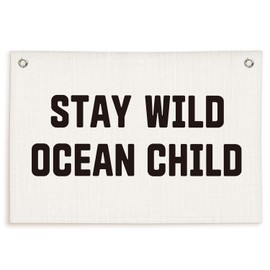Lacama Beach Theme Wall Decor for Boys Room, Coastal Kids Playroom Nursery Hanging Sign, Stay Wild Ocean Child Linen Canvas Banner, Rustic Nautical Surf 20x30 Inch