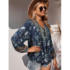 CNTSFS Blouse Women's Elegant Casual Boho V-Neck Floral Pattern Loose Tunic Women's Long Sleeve Summer, navy, M