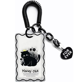 runrayay Acrylic Kpop Photocard Holder, Keychain Clear Black Cat ID Badge Holder with Keychain Student Bus Card Pendant Keychain Badge Reel Stationery for Back to School - A