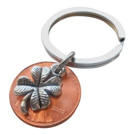 Clover Charm Layered Over 2002 Penny Keychain, 23 Year Anniversary, Couples Keychain
