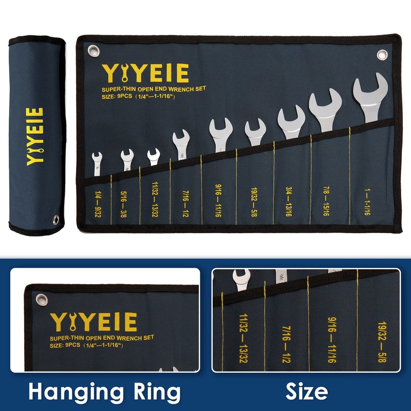 YIYEIE Super-Thin Open End Wrench Set, 9-Piece SAE, 1/4" to