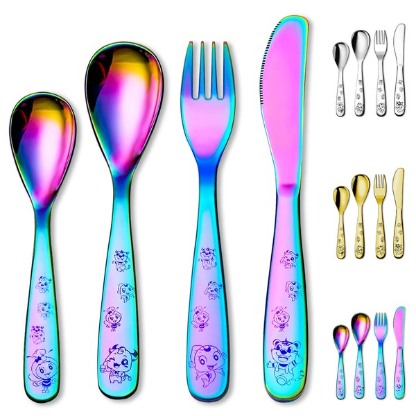 Berglander Rainbow Kids Cutlery 4 Pieces Stainless Steel Rainbow Plating Titanium Fork and Spoon Safety for Kids, Polished Mirror with Smooth Edge