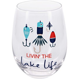 Pavilion Gift Company 18 Oz Stemless Wine Glass Livin' The Lake Life, Blue