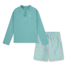 Hurley Baby and Toddler Long Sleeve Rash Guard Swim Suit 2-Piece Outfit Set, Green/Flamingo
