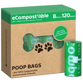 eCompostable Dog Poo Bags Biodegradable Poop Bags For Dogs Unscented Doggy Waste Bag 23x33cm Leak Proof Dog Cat litter Bags Green- Dog Poop Bags 8 Rolls - 120 Count