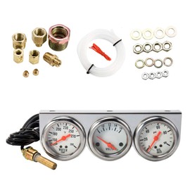 Abizarch Triple Gauge Kit, 3 in 1 Car Oil Volt Water Gauge, Chrome Housing, White Face, Red Needles, 51mm Size, 100-280F Water Temp, 8-16V Volts, 0-100psi Oil Pressure