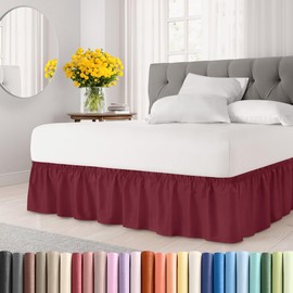 Wrap Around Dust Ruffle Bed Skirt - Burgundy - for Queen Size Beds with 15 Inch Drop - Elastic Strap - Adjustable Pleated Bedskirt with Brushed Fabric and Wrinkle Free - for Women, Men, Kids & Teens