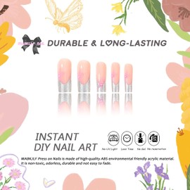 Y2K Press on Nails Long Square MABKJLF Sliver French Tip Fake Nails Pink Full Cover Star False Nails with Designs Pearl Glitter Glossy Glue on Nails Acrylic Manicure Artificial Nails for Women Girls