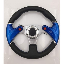 AJP Distributors Universal 6 Bolt Hole 320mm Black Pvc Leather Blue Stitching Silver Center Blue Steering Wheel Nos Nitrous Button + Blank Horn