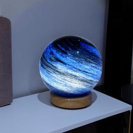 JupiGlow Neptune Blue Planet Night Light Glass Bedside with Wooden Base 3 Modes - Dimmable Swirl Planet Table Lamp for Bedroom Nightstand, Desk Lamp for Living Room, Office, Kids Room, Nursery