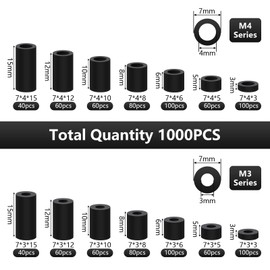 1000pcs ABS Round Spacer Washer Assortment Kit, M3 M4 Nylon Non-Threaded Column Standoff Support, Insulation Column Standoff Spacer, Plastic Spacers with Storage Box, 14 Sizes