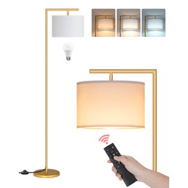 GOEBLESON Gold Dimmable Floor Lamp, Modern Arc Lamp with Remote, Standing Corner Light with Lampshade, Tall Reading Lighting for Bedroom, Living Room, Office, Den, White, LED Bulb Included, DW11LD05