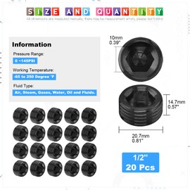 Glarks 20Pcs Carbon Steel 1/2'' NPT Male Pipe Plug Fitting Assortment Set Internal Hex Thread Socket Pipe Plug Kit