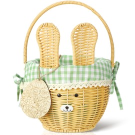 DoubleFill 1pcs Wicker Easter Basket Wicker Picnic Basket with Tag Empty Rattan Bunny Basket with Handles & Liner Willow Hamper Basket for Eggs & Candy Storage Fruit(Green Plaid)