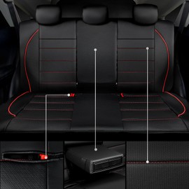 CAR PASS Leather Back Seat Cover,Piping Waterproof Bench Seat Cover, Rear Seat Cover Universal Fit for Cars Sedans SUVs Truck 95% Automotive Interior Backseat Car Covers (Rear,Black and Red)