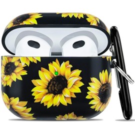 Compatible with Airpods 3rd Generation Case - Wonjury Protective Hard Compatible with Airpods 3 Case Cover with Cleaner Kit Women Girls Keychain, Sunflower