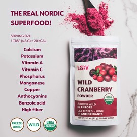 Wild Organic Freeze Dried Cranberry Powder, 3.2 Oz, 18-Day Supply, from Nordic Forests, Raw, No Added Sugar