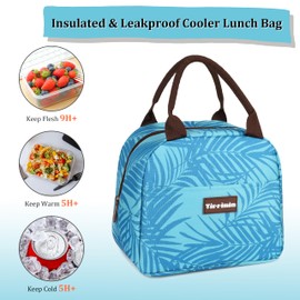Tirrinia Lunch Bags for Women Men, Cute Insulated Lunch Tote Bag, Fashionable Lunch Box for Adult, Reusable Large Cooler Lunch Bag for Working/Picnic - Blue Leaf