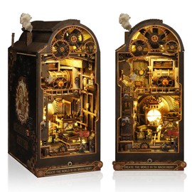 Foyucool DIY Book Nook Kit, Miniature Bookshelf Decor with LED Lights, Laser-Cut Wooden Craft Set for Adults, Creative Gift for Christmas, Birthday, Mechanical World