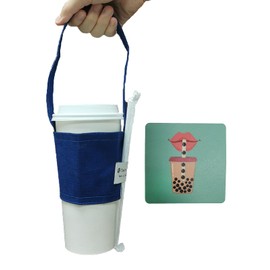 Portable Beverage Cup Foldable Holder Carrier (2 PCs Set), Tainada Reusable Drink Sleeve Handle Carry Strap for Coffee, Bubble Tea, Hot & Cold Drink with Integrated Straw Holder (Navy Blue)
