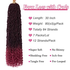 Leeven 30 Inch Ombre Burgundy Goddess Faux Locs Crochet Hair Crochet Soft Locs Hair With Curly Ends 7 Packs Synthetic Bohemian Locs Crochet Braiding Hair for Women TBUG# 12 Strands/Pack