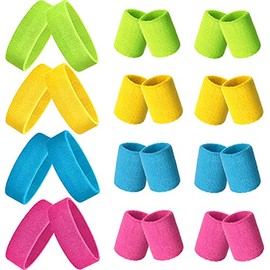 24 Pieces 80s Neon Sweatbands Set, Include 8 Sports Headbands and 16 Sweat Wristbands Elastic Athletic Sweat Bands Bulk for Man Woman 80s Party (Rose Red, Sky Blue, Fluorescent Yellow, Yellow)