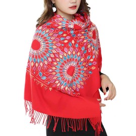 Urban CoCo Women's Embroidered Oversize Tassel Shawl Scarf Wraps for Women (Red)