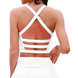 XUNYU Women Longline Sports Bra Strappy Workout Tank Tops Built in Support Open Back Criss Cross Yoga Crop Shirt, White Sports Bra, Large
