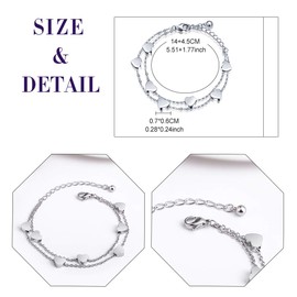 Feilok Women's Layered Bracelet Hearts Bracelet Double Chain Bracelet Delicate Bracelet Made of Stainless Steel for Women Girls, Stainless Steel